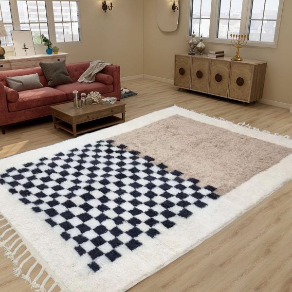 Beige and Black Checkered pattern Rug, Moroccan Beni Ourain Rug
